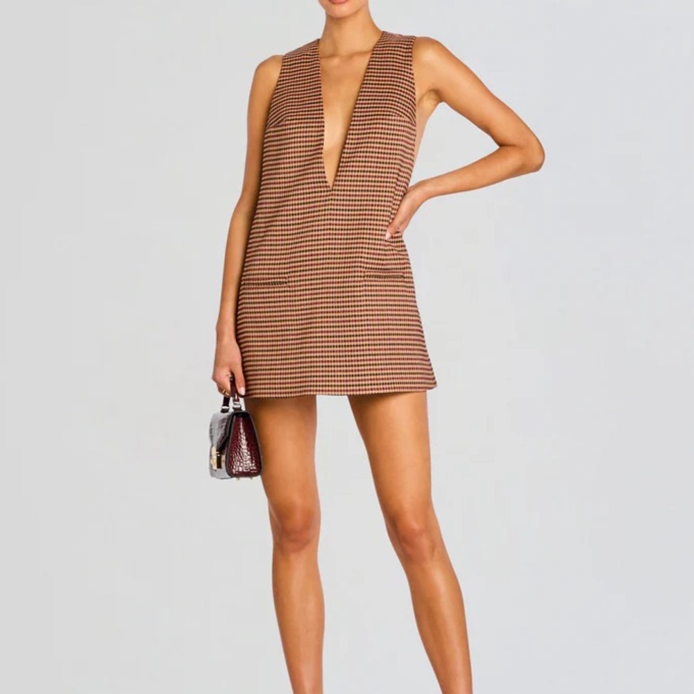 Seroya Maxine Mini A-Line Dress with Deep V in Camel Houndstooth